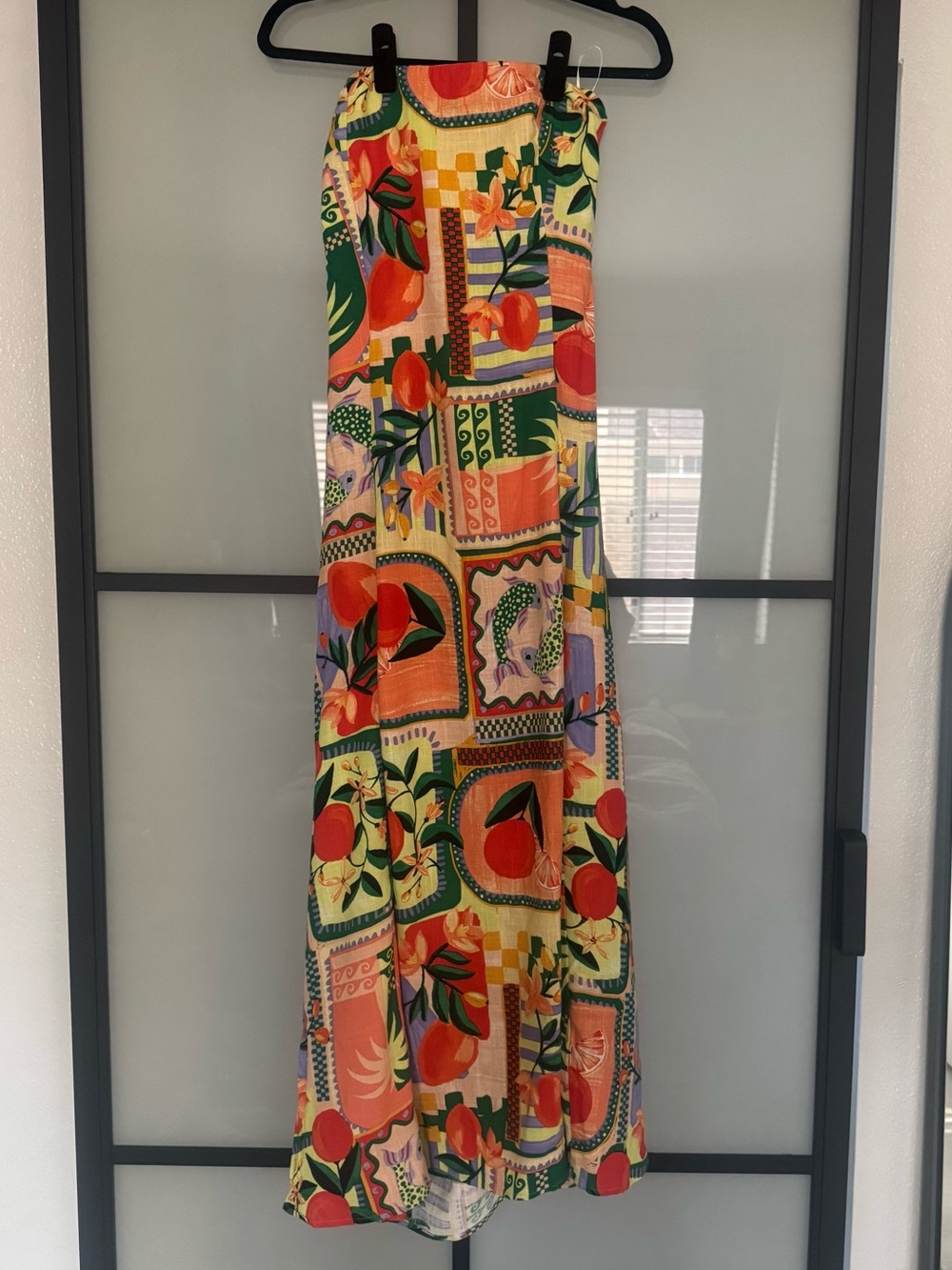 Strapless Maxi Linen Dress Colorful Summer flower fruit palm tree block print